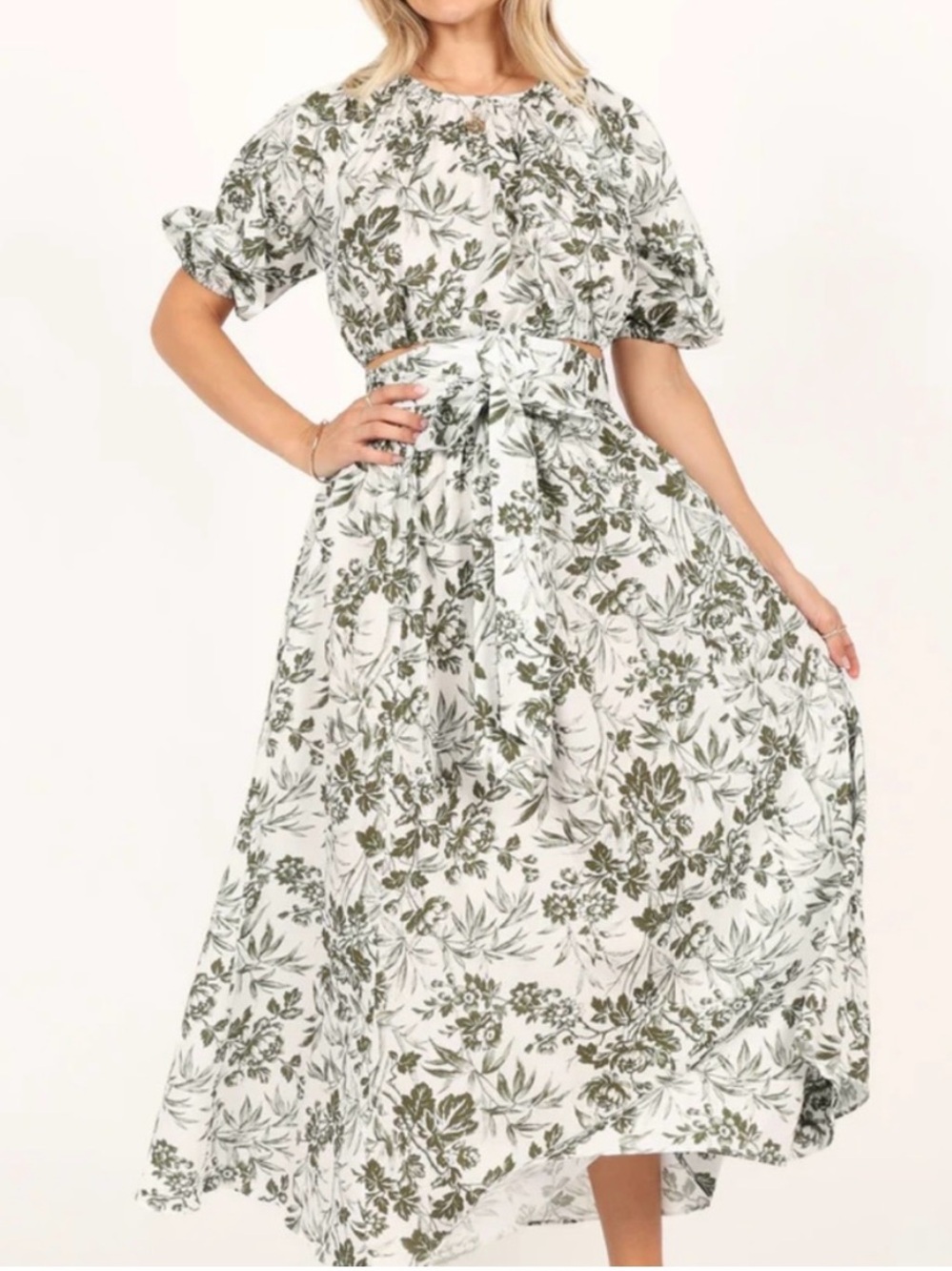 Floral Tie-Waist Maxi Skirt and Top- White & Olive - Picture 3 of 10